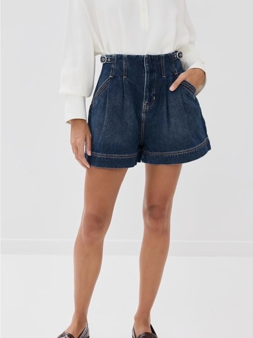 Veronica Beard Indigo High-Waist Pleated Denim Shorts